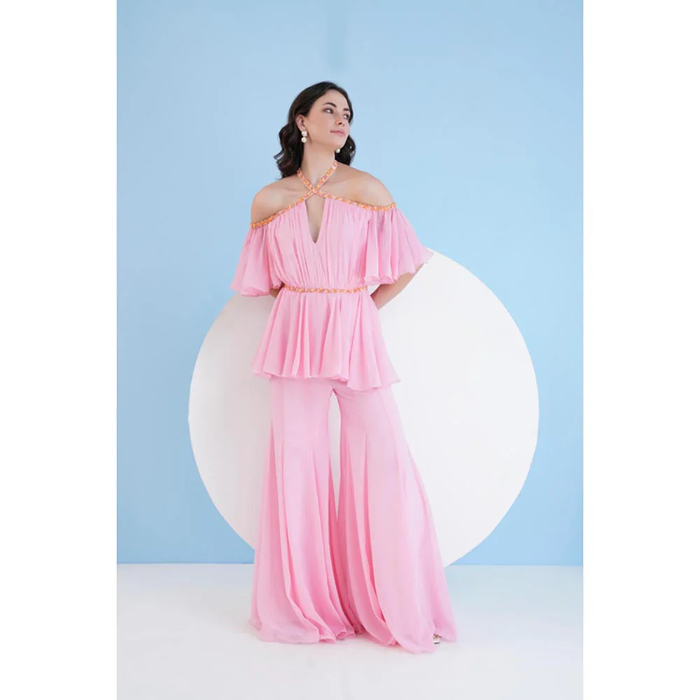MANDIRA WIRK Solid Pink Embroidered Jumpsuit - Image 2