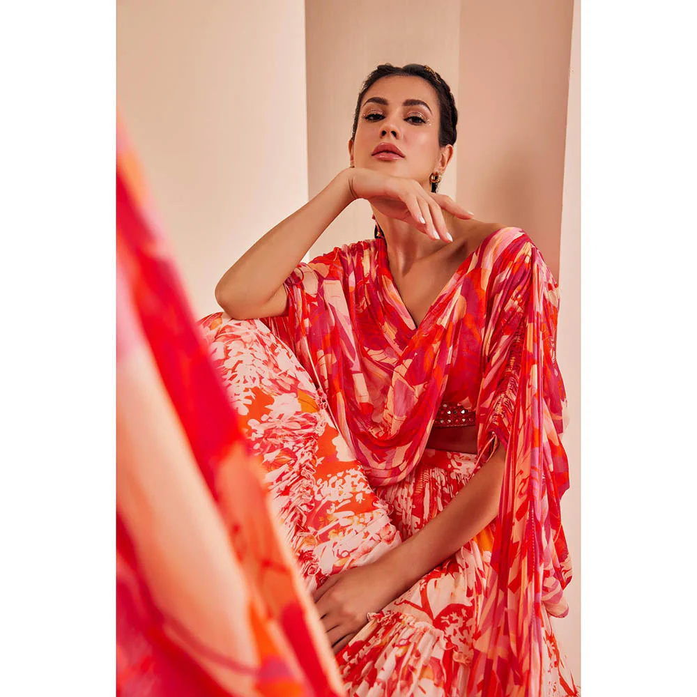 MANDIRA WIRK Stylized Draped Blouse Detailed Rushed Sleeve with Chiffon Lehenga (Set of 3) - Image 3