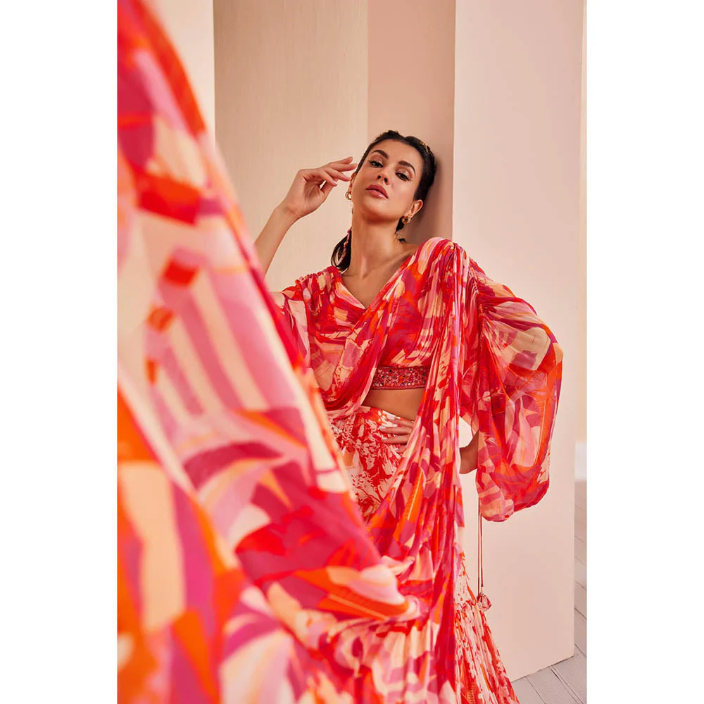 MANDIRA WIRK Stylized Draped Blouse Detailed Rushed Sleeve with Chiffon Lehenga (Set of 3) - Image 4