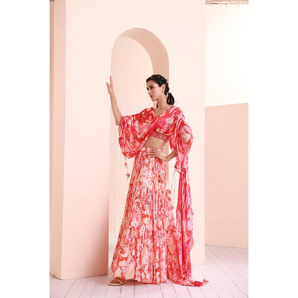 MANDIRA WIRK Stylized Draped Blouse Detailed Rushed Sleeve with Chiffon Lehenga (Set of 3) - Image 5