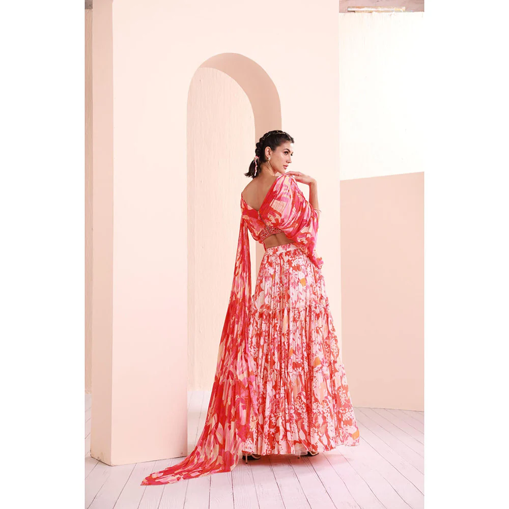 MANDIRA WIRK Stylized Draped Blouse Detailed Rushed Sleeve with Chiffon Lehenga (Set of 3) - Image 6