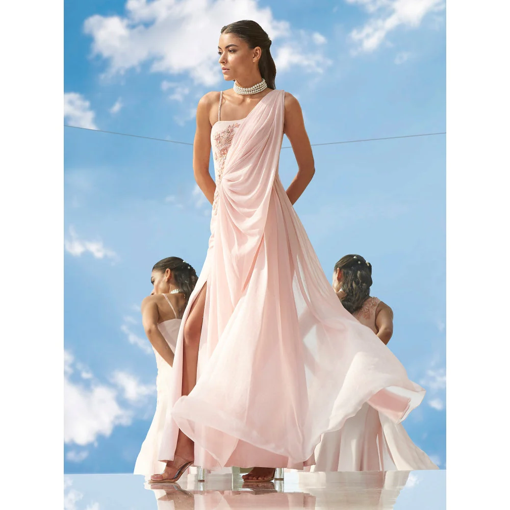 Mandira Wirk Tonal Tune-Desire Embroidered Peach Drape Gown - Image 3