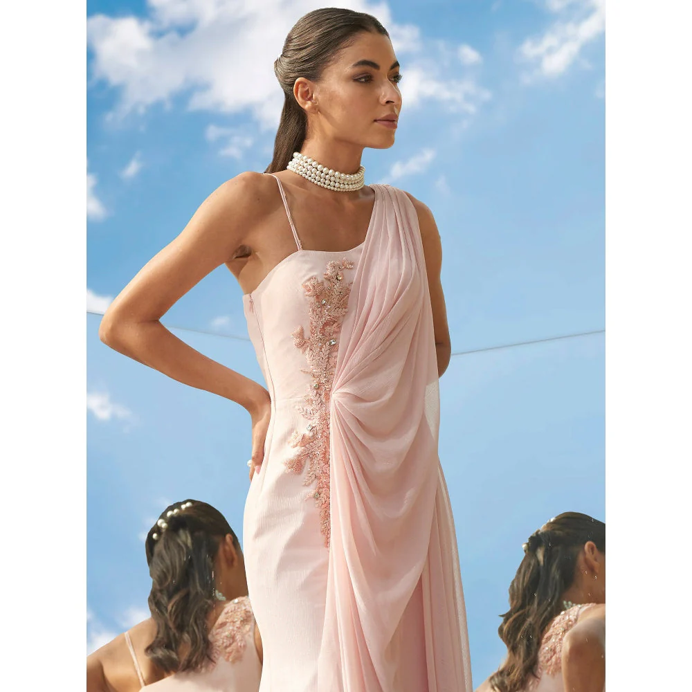 Mandira Wirk Tonal Tune-Desire Embroidered Peach Drape Gown - Image 4