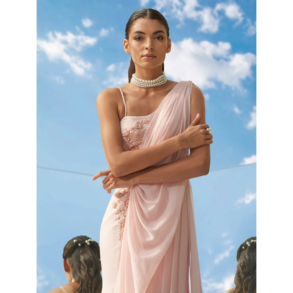 Mandira Wirk Tonal Tune-Desire Embroidered Peach Drape Gown - Image 5