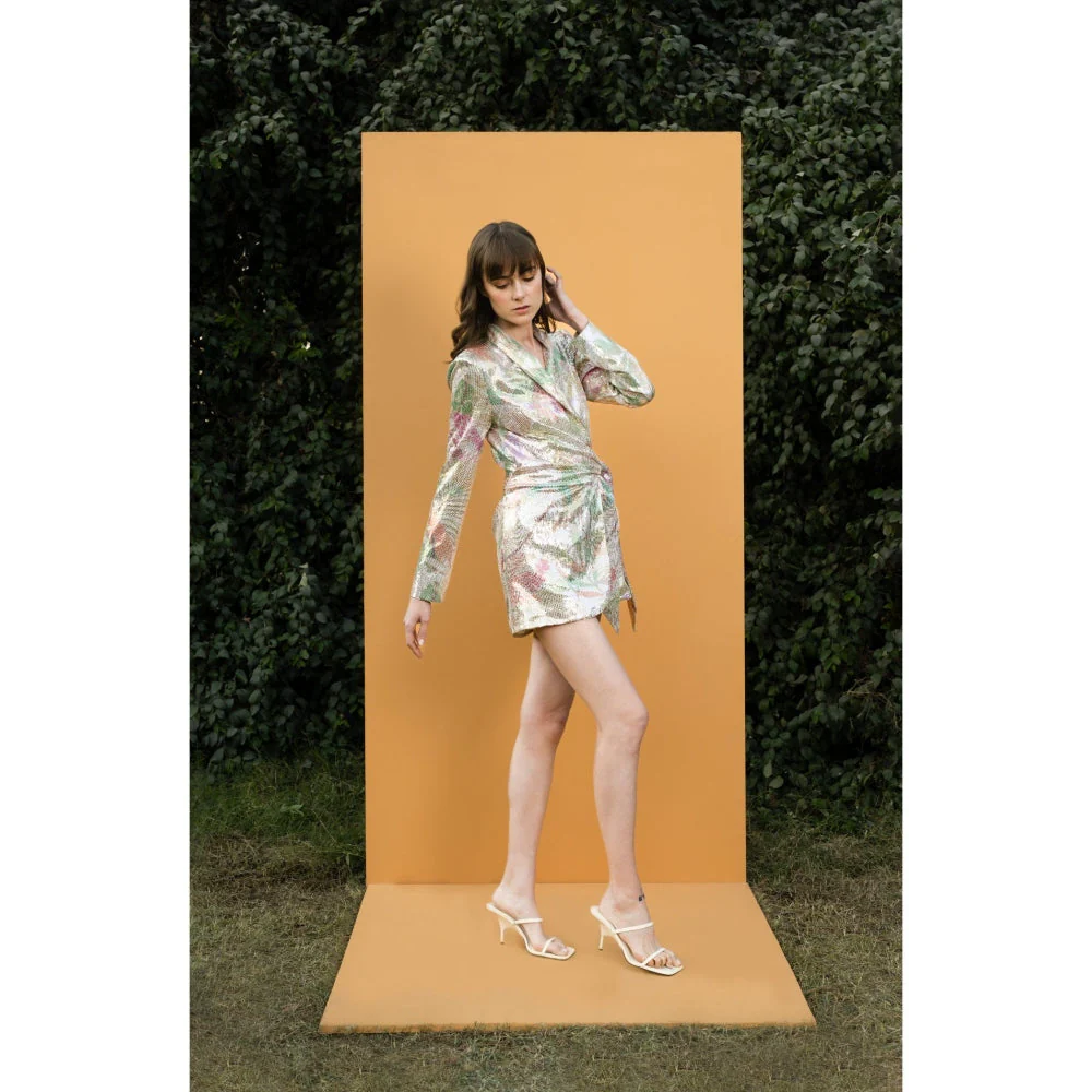 MANDIRA WIRK Tropical Leaf Printed Sequins Short Wrap Jacket Dress - Image 3