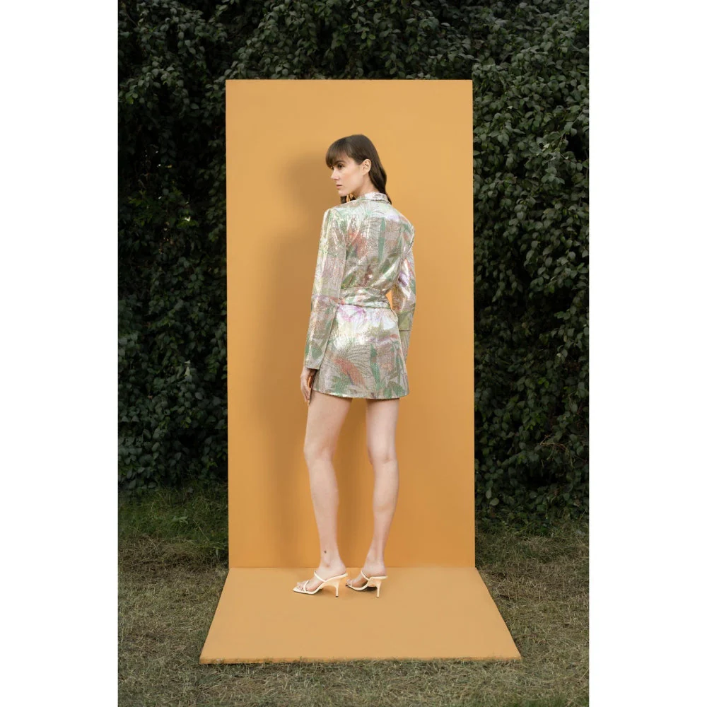 MANDIRA WIRK Tropical Leaf Printed Sequins Short Wrap Jacket Dress - Image 5