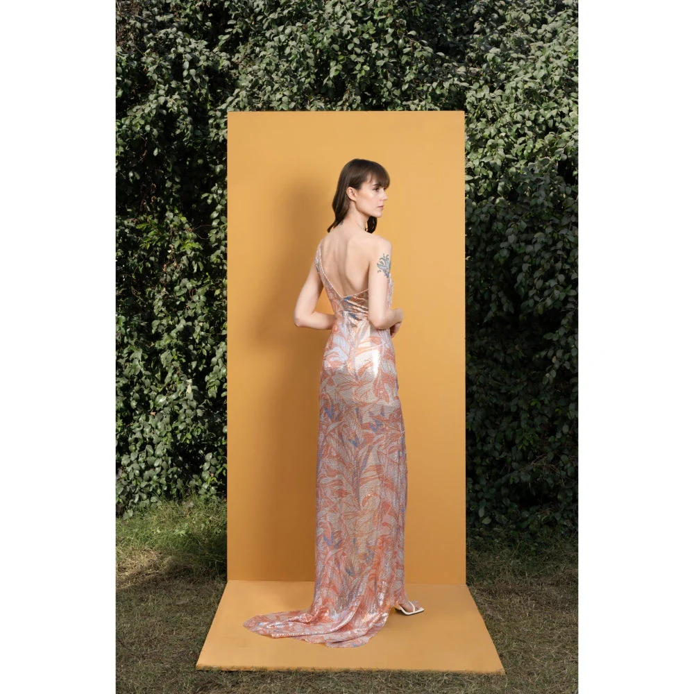MANDIRA WIRK Willow Printed Sequins One Shoulder Long Dress with Ruching and Slit - Image 3