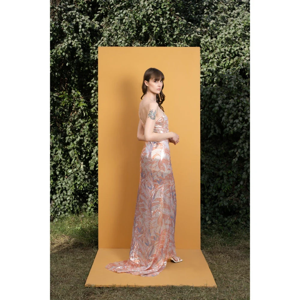 MANDIRA WIRK Willow Printed Sequins One Shoulder Long Dress with Ruching and Slit - Image 4