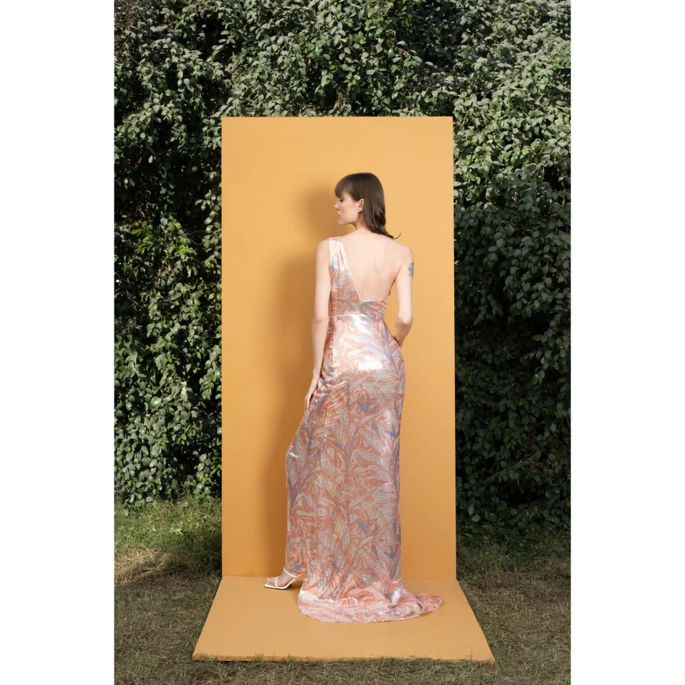 MANDIRA WIRK Willow Printed Sequins One Shoulder Long Dress with Ruching and Slit - Image 5