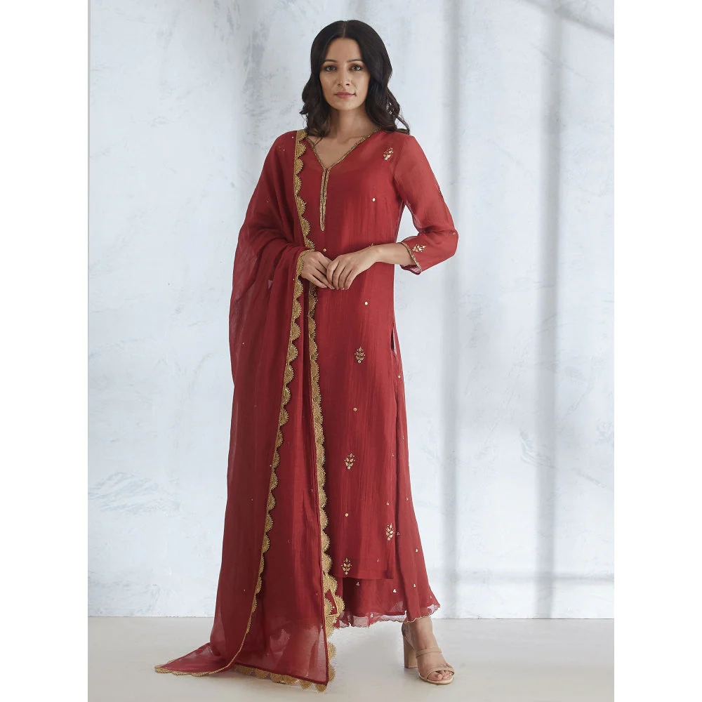 Mandira Wirk Wine Gota Embroidered Kurta Embellished Circular Palazzo & Dupatta (Set of 3) - Image 4