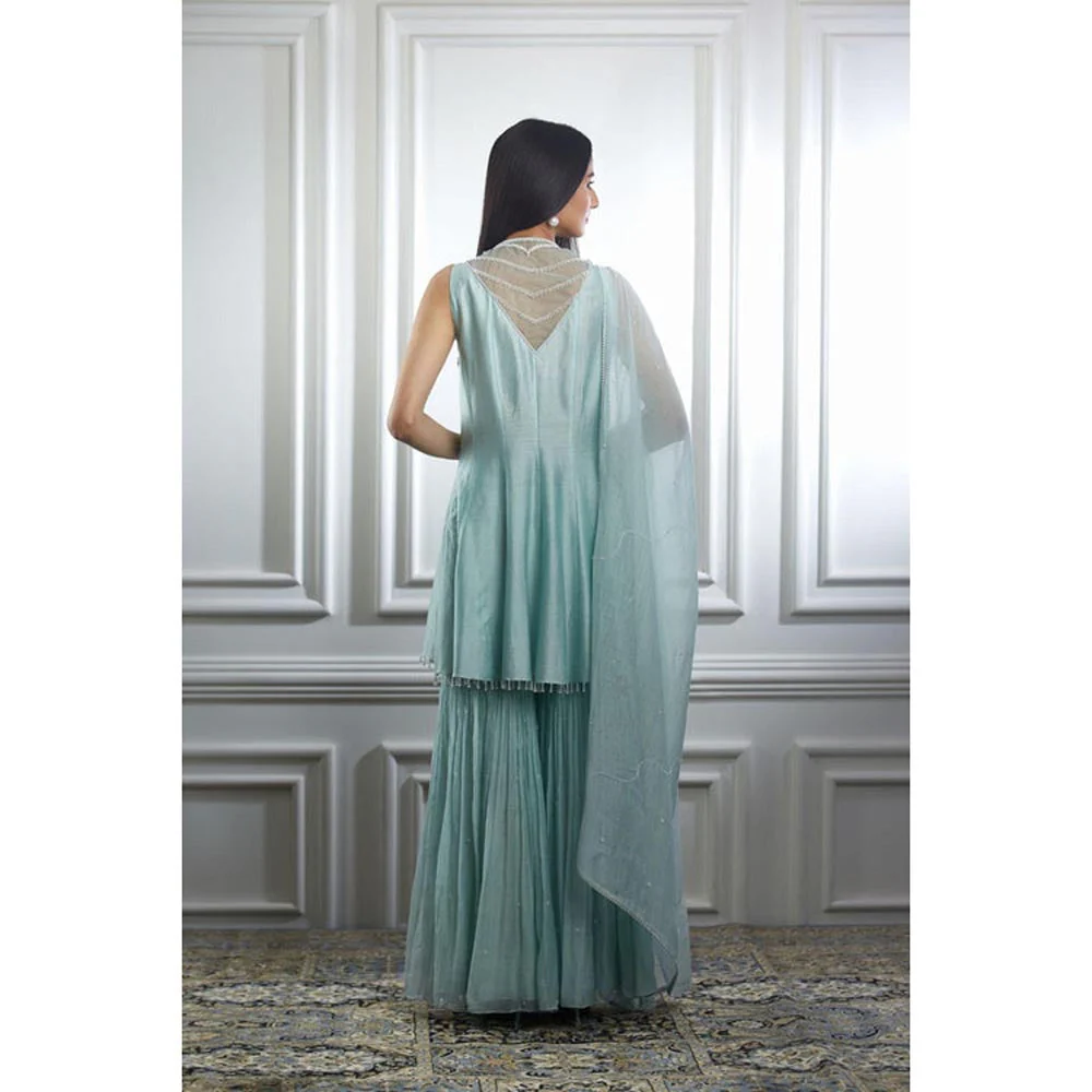 MANDIRA WIRK Women Chanderi Blue Kurta with Sharara and Dupatta - Image 2