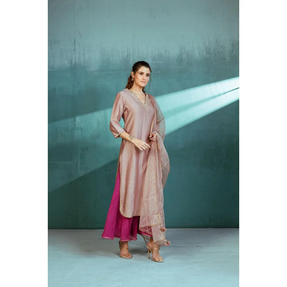 MANDIRA WIRK Women Chanderi Grey Kurta with Sharara and Dupatta - Image 4