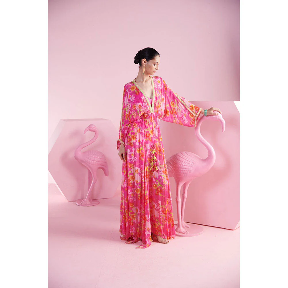 MANDIRA WIRK Women'S Bahar Floral V-Neck Kaftan Dress - Image 3