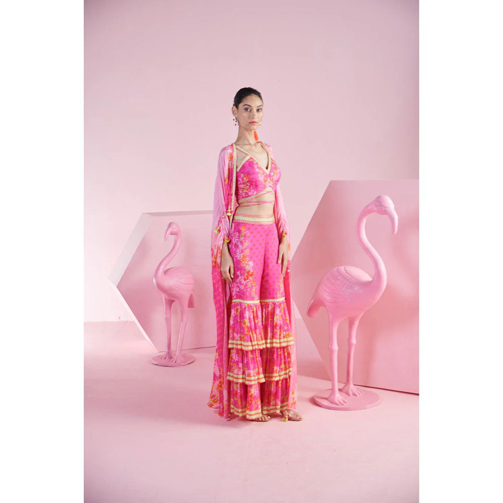 MANDIRA WIRK Women'S Nur Floral Blouse with Sharara and Cape (Set of 3) - Image 4