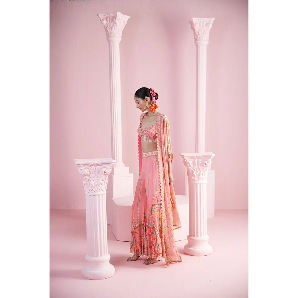 MANDIRA WIRK Women's Pink Derrin Floral Blouse with Palazzo and Cape (Set of 3) - Image 3