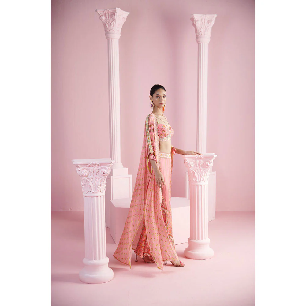MANDIRA WIRK Women's Pink Derrin Floral Blouse with Palazzo and Cape (Set of 3) - Image 4