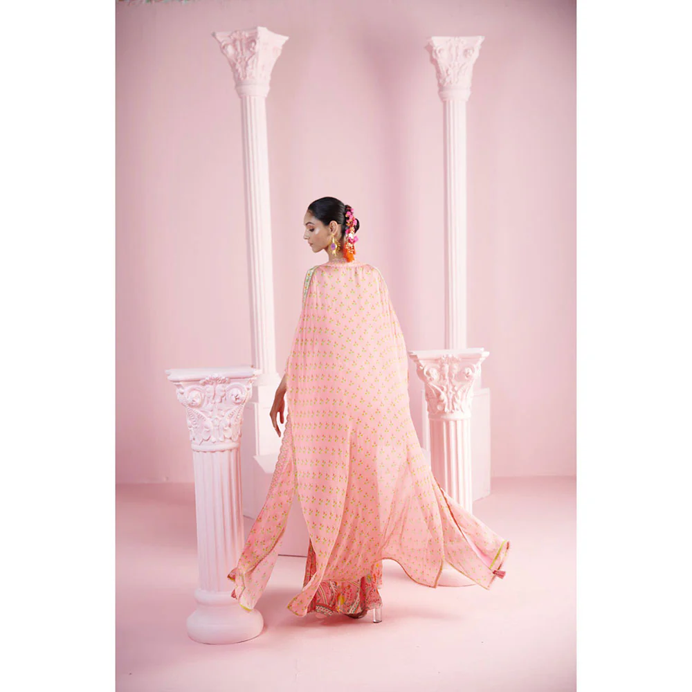 MANDIRA WIRK Women's Pink Derrin Floral Blouse with Palazzo and Cape (Set of 3) - Image 5