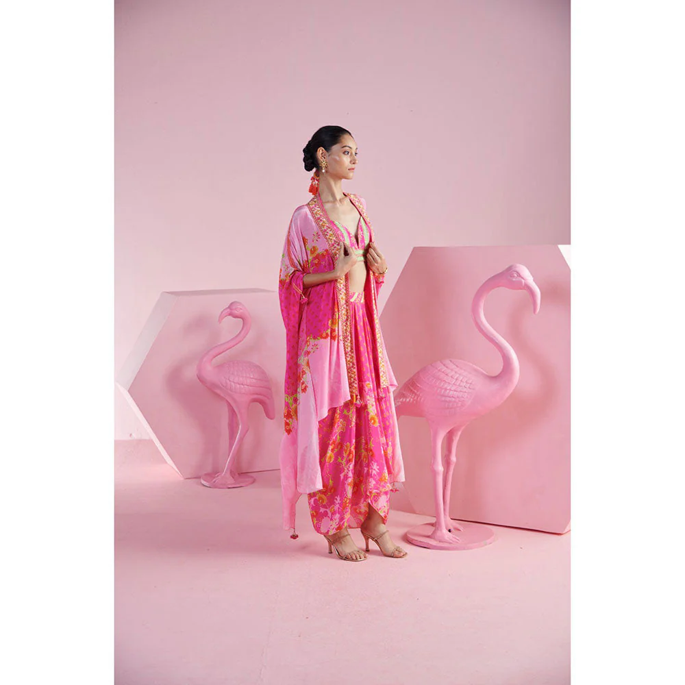 MANDIRA WIRK Women'S Pink Floral Jasmine Cape with Blouse and Skirt (Set of 3) - Image 3
