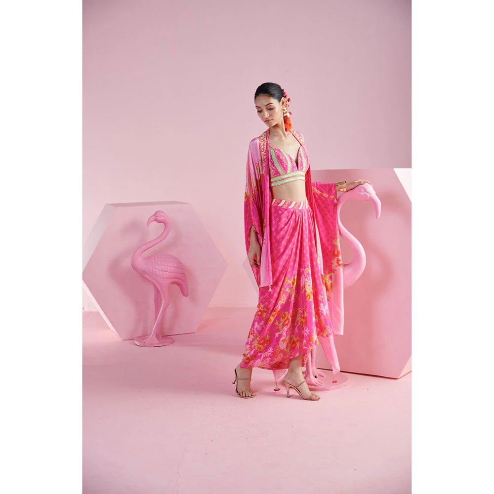 MANDIRA WIRK Women'S Pink Floral Jasmine Cape with Blouse and Skirt (Set of 3) - Image 4