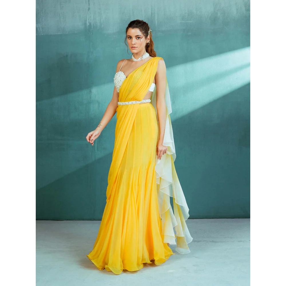 MANDIRA WIRK Yellow Chiffon Ruffled Draped Saree with Stitched Blouse (Set of 3) - Image 3