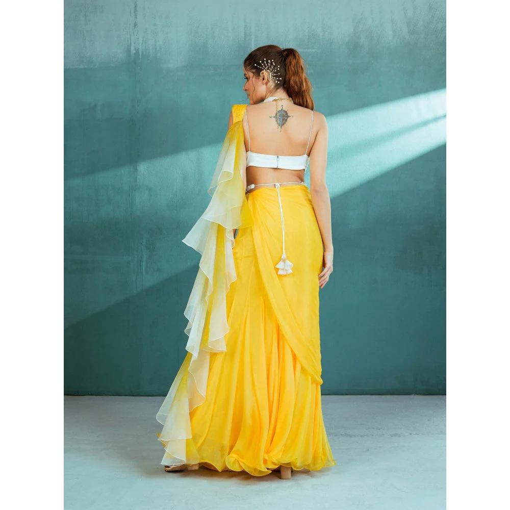 MANDIRA WIRK Yellow Chiffon Ruffled Draped Saree with Stitched Blouse (Set of 3) - Image 4