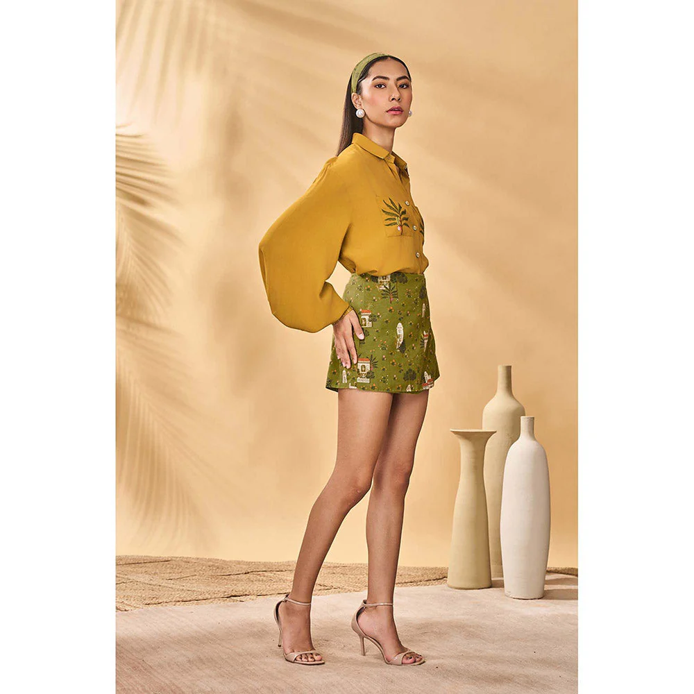 Masaba Mustard Miniature Dreams Skorts with Shirt (Set of 2) - Image 3
