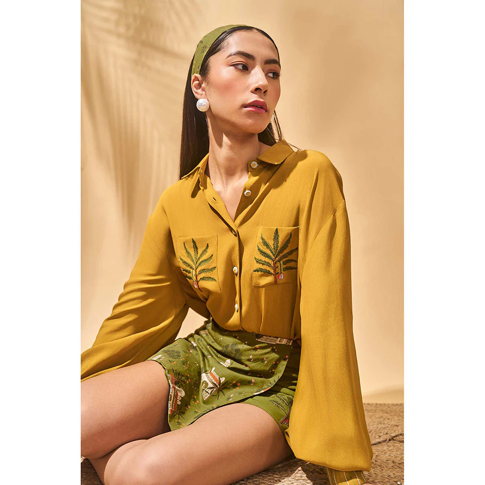 Masaba Mustard Miniature Dreams Skorts with Shirt (Set of 2) - Image 5