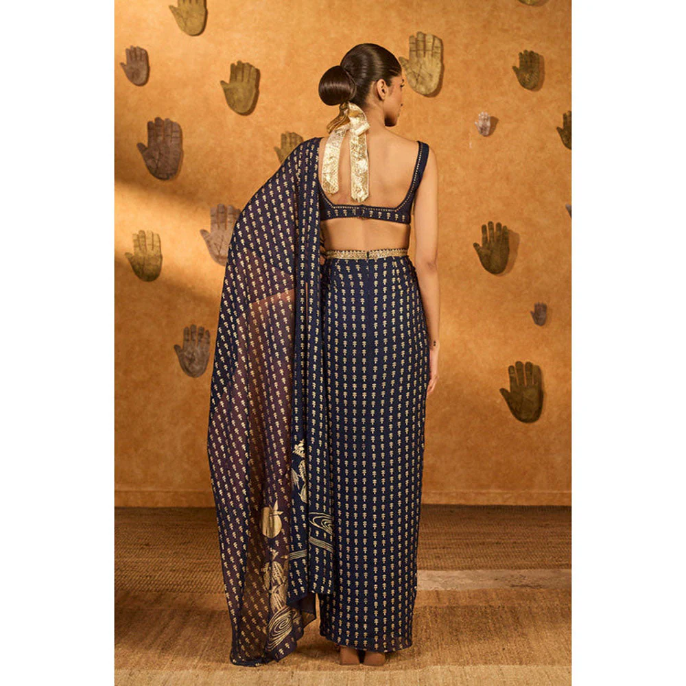 Masaba Navy Blue Snow Light Stitched Saree with Stitched Blouse - Image 2
