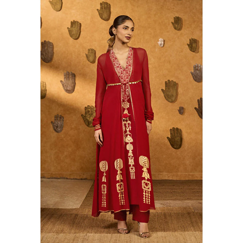 Masaba Red Pop Pod Pendant Kurta with Pant and Jacket - Image 3