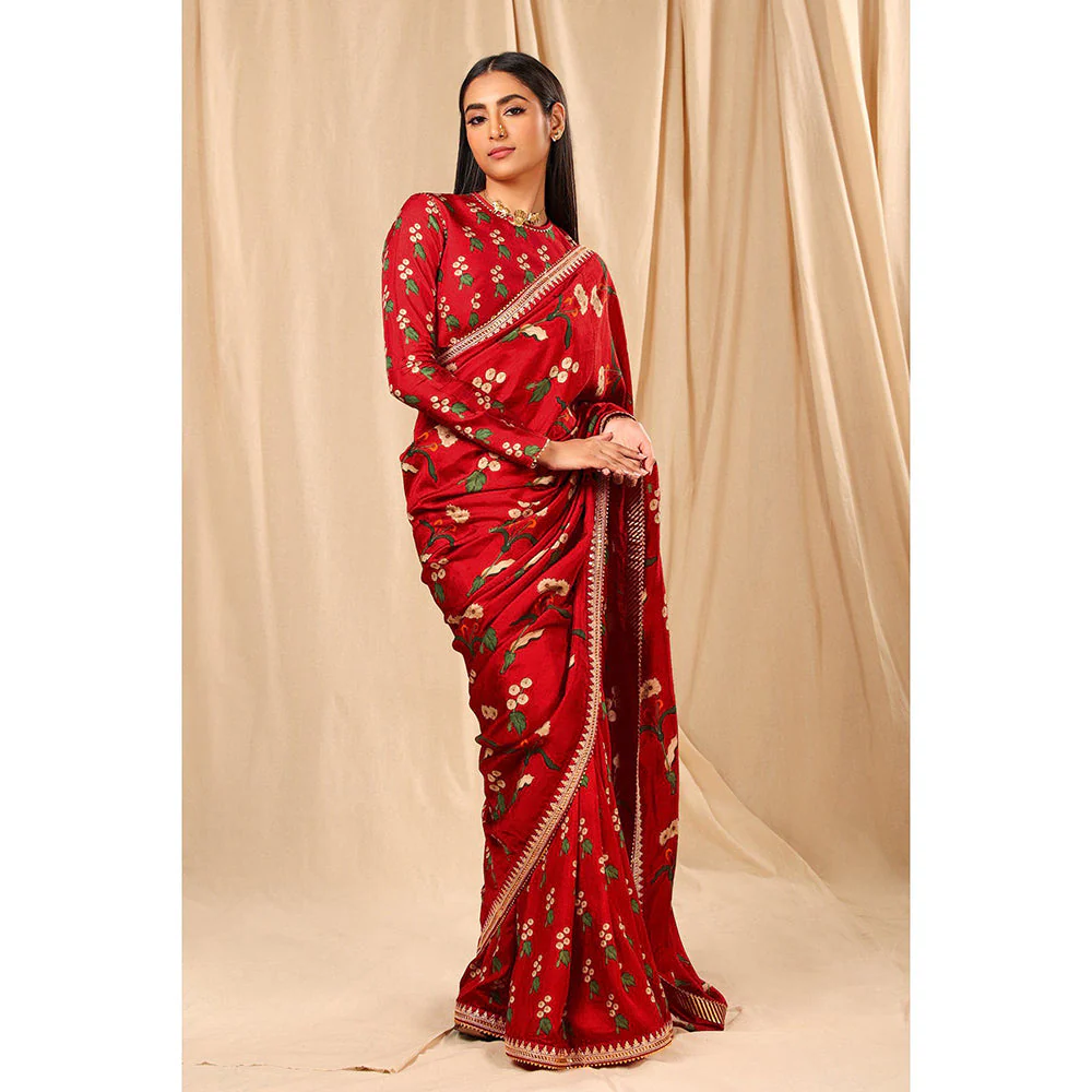 Masaba Red Spring Blossom Saree with Unstitched Blouse - Image 6