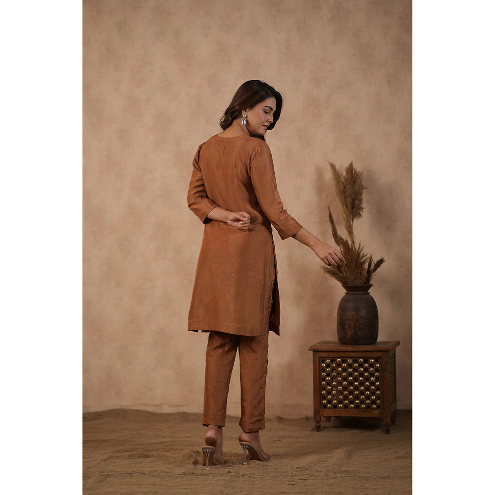 Masoomm Brown Embroidered Kurta with Pant and Dupatta (Set of 3) - Image 2