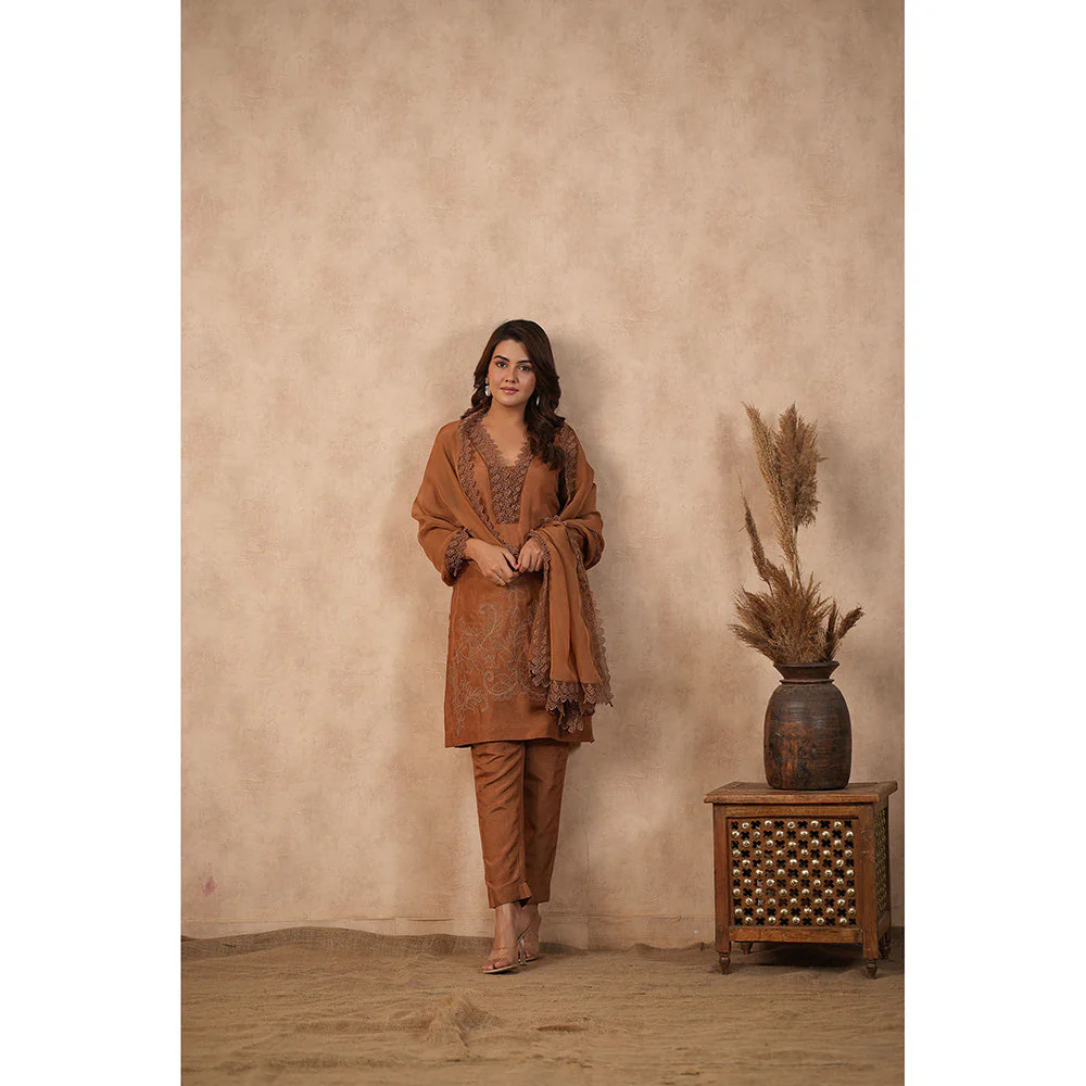 Masoomm Brown Embroidered Kurta with Pant and Dupatta (Set of 3) - Image 5