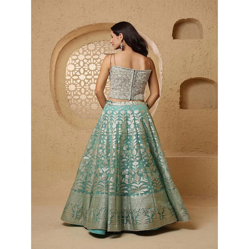 MILU MADAN Teal Organza Brocade Lehenga with Blouse & Dupatta - Image 5