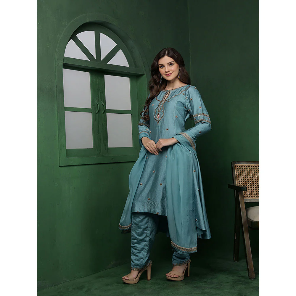 MILU MADAN Womens Organza Embroidered Blue Kurta with Sharara and Dupatta - Image 3
