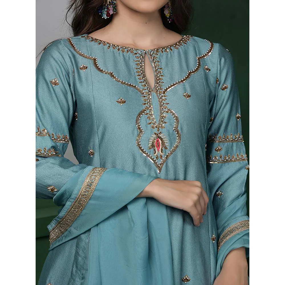 MILU MADAN Womens Organza Embroidered Blue Kurta with Sharara and Dupatta - Image 4
