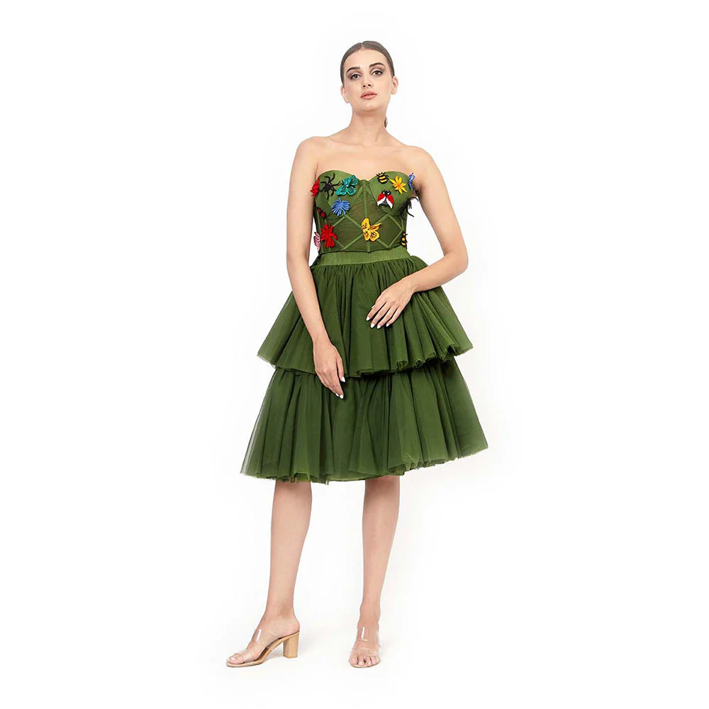 MODO CALDO Womens Embroidered Green Crop Top with Skirt