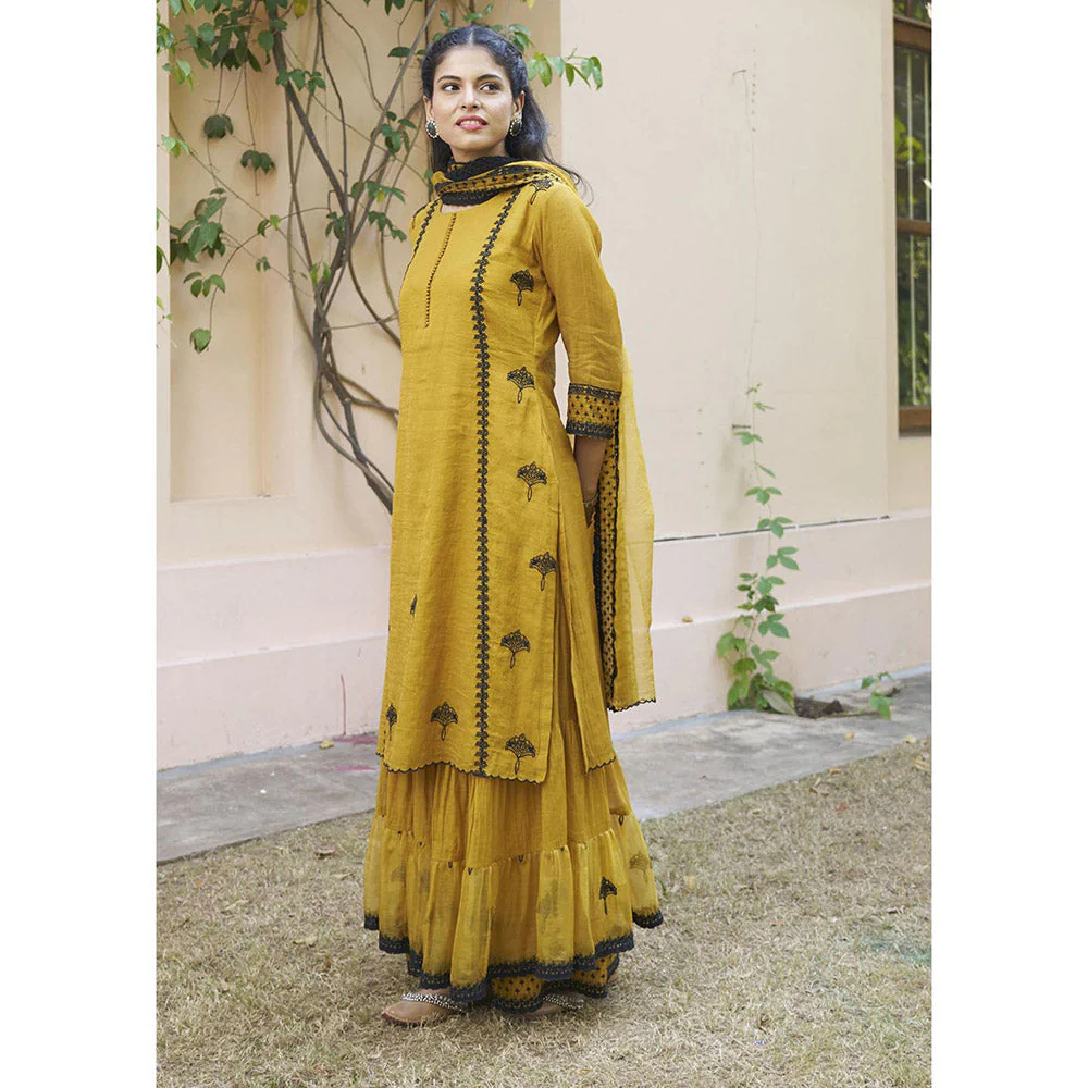 Naaz By Noor Kikli Golden Mustard Embroidered Kurta with Sharara and Dupatta (Set of 3) - Image 2