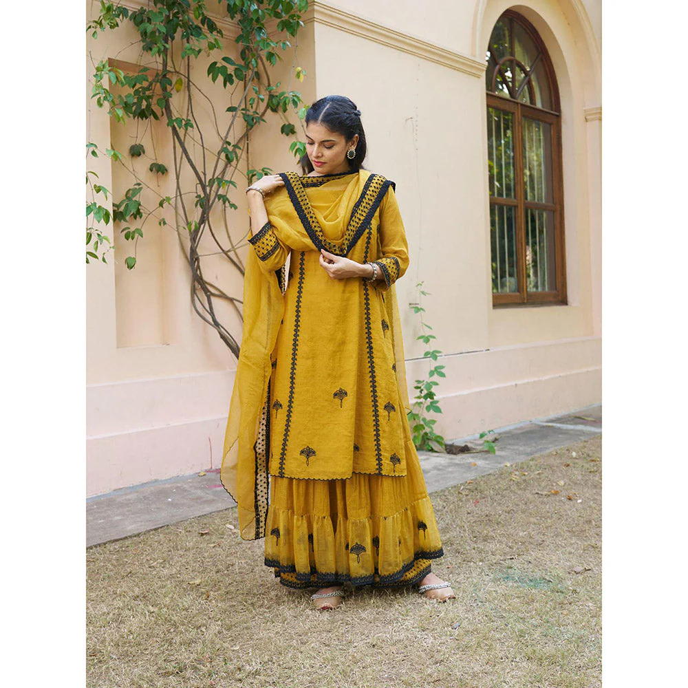 Naaz By Noor Kikli Golden Mustard Embroidered Kurta with Sharara and Dupatta (Set of 3) - Image 4