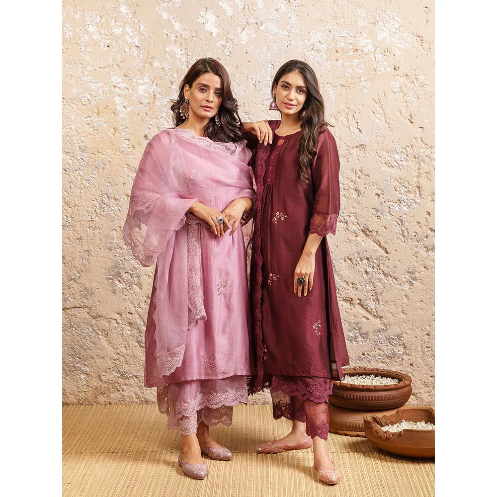 NAAZ BY NOOR Plum Embroidered Kurta With Pant And Dupatta (Set of 3) - Image 6