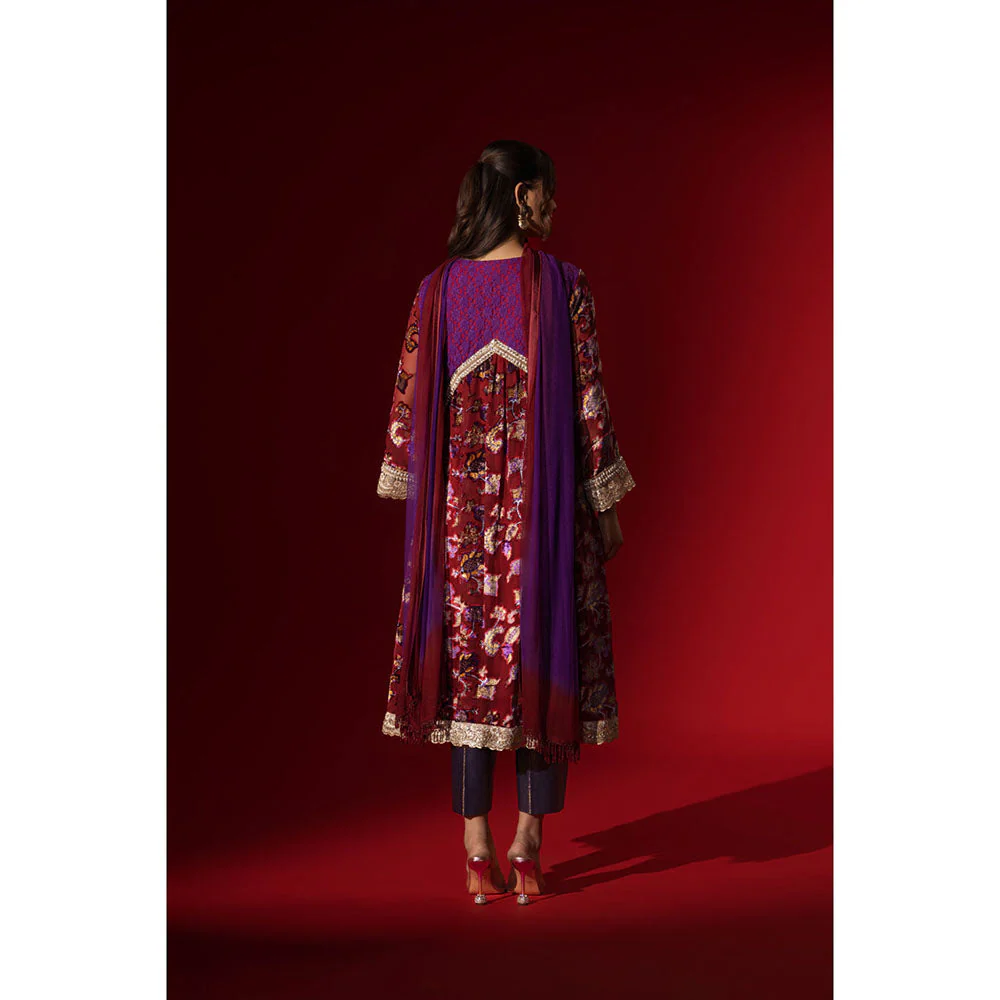 Naseebo Maroon Mystic Velvet Anarkali with Pant & Dupatta - Image 4