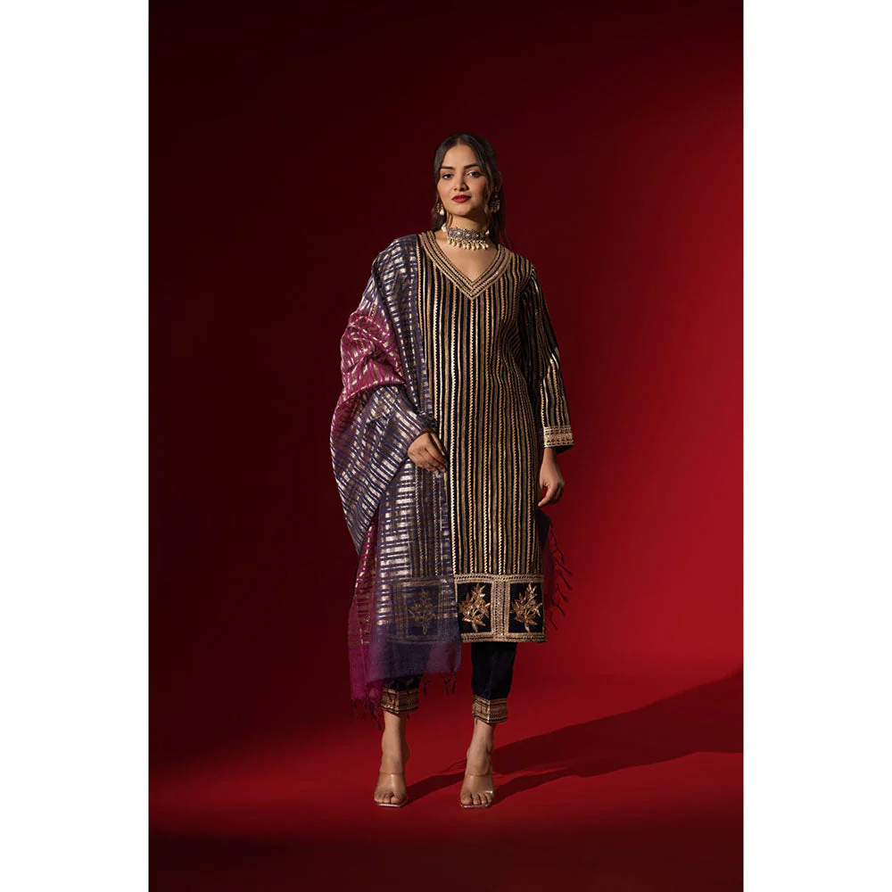 Naseebo Navy Blue Velvet Gota Kurta with Pant & Dupatta