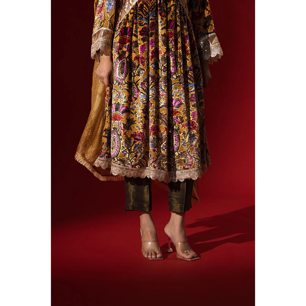 Naseebo Ochre Regal Printed Velvet Anarkali with Pant & Dupatta - Image 5