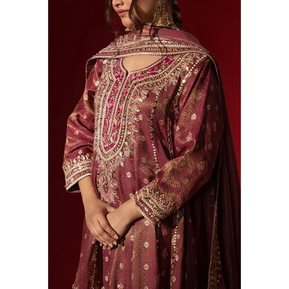 Naseebo Rani Mahal Embroidered Brocade Kurta with Palazzo & Dupatta - Image 6