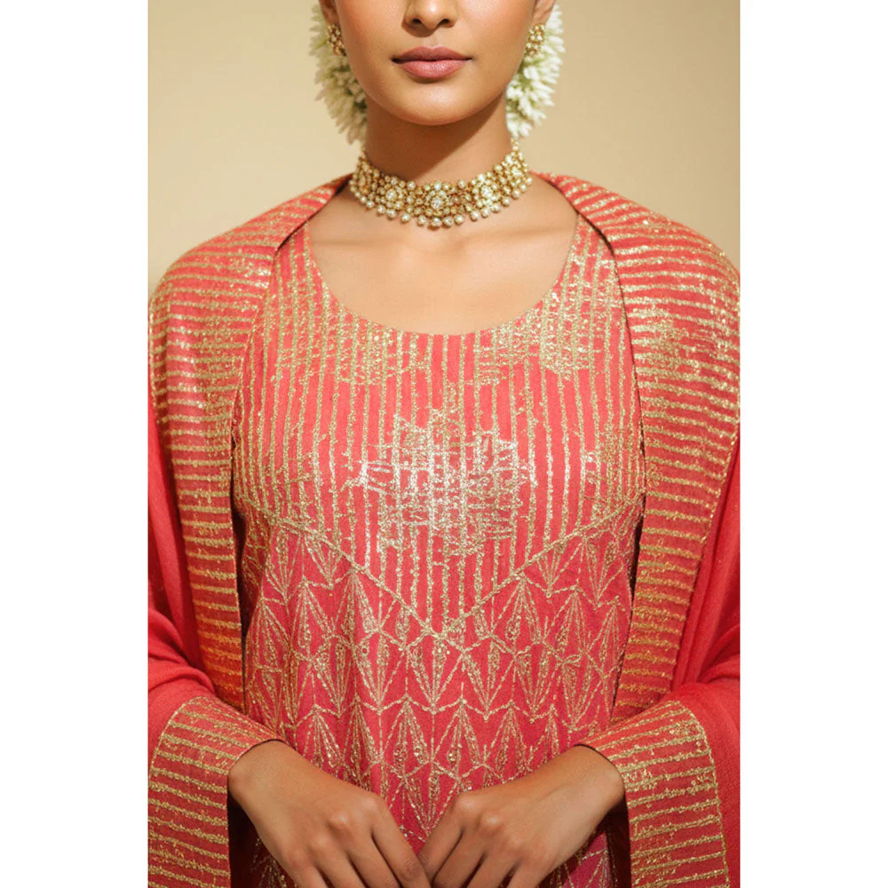 Naseebo Womens Linen Embroidered Pink Kurta with Pant and Dupatta - Image 4