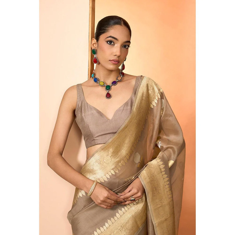 Neha Khullar Brown Woven Pre Drape Saree and Unstitched Blouse - Image 3