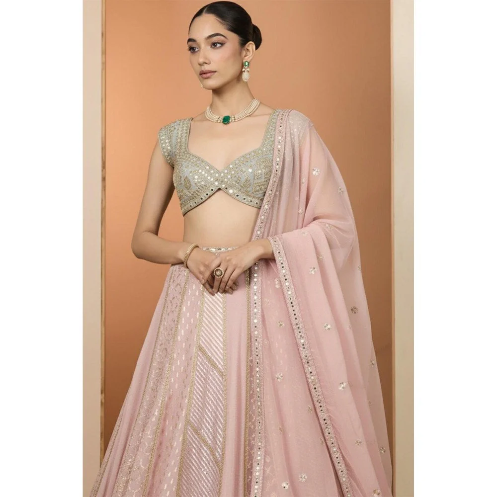 Neha Khullar Pink And Mint Green Lehenga with Stitched Blouse and Dupatta - Image 2