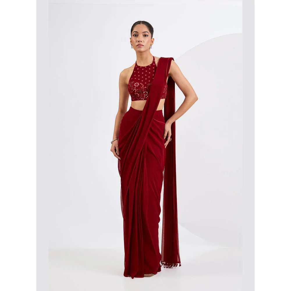 Neha Khullar Red Pre Draped Saree Set with Heavily Embellished Blouse