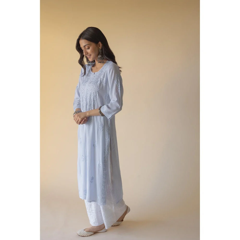 Old Marigold Anisa Blue Modal Hand Embroidered Chikankari Kurta - Image 2