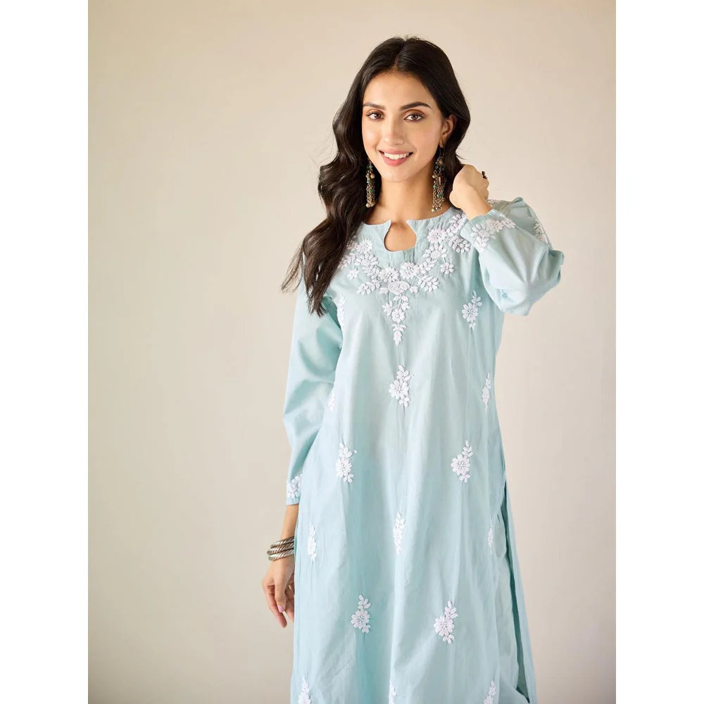 Old Marigold Ireo Blue Cotton Hand Embroidered Chikankari Co-Ord (Set of 2) - Image 4