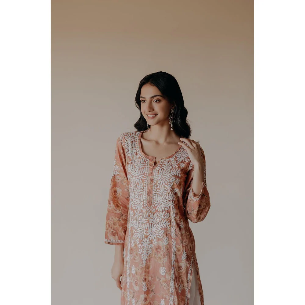 Old Marigold Lana Orange Mulmul Chikankari Printed Kurta - Image 6